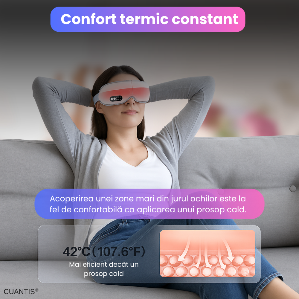 Aparat de masaj electric pentru ochi, Cuantis, 1000mah, autonomie extinsa, compresie caldura si vibratii, control prin telefon, muzica wireless, alb [6]