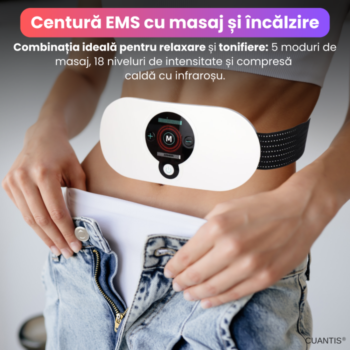 Centura EMS cu masaj si incalzire infrarosu, CUANTIS, 5 moduri, 18 niveluri intensitate, baterie reincarcabila 1200 mAh, pentru abdomen, talie, coapse, relaxare si tonifiere, portabila, alb [2]