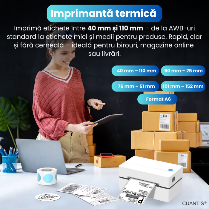 Imprimantă Termică CUANTIS 4x6, 203 DPI, Bluetooth & USB, Etichete A6 AWB [2]