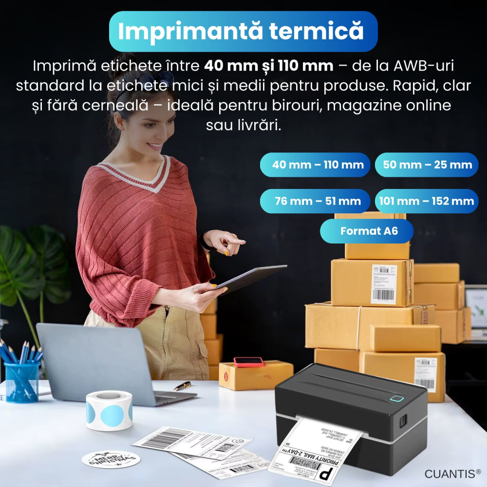 Imprimantă Termică CUANTIS 4x6, 203 DPI, Bluetooth & USB, Etichete A6 AWB [2]