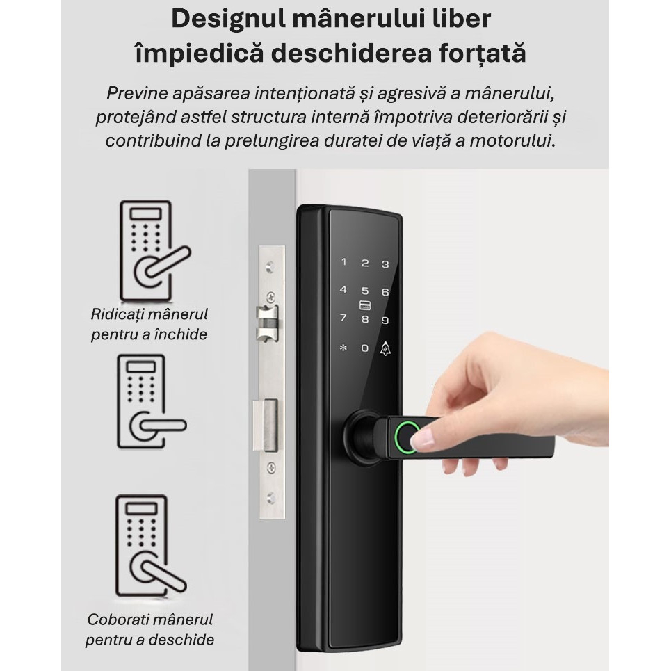 Incuietoare inteligenta smart cu amprenta, CUANTIS, bluetooth, Wi-Fi, cod PIN, card RFID, cheie, control prin aplicatie TTLock, Google Smart Home, alarme multiple, sonerie integrata, USB-C, negru [9]