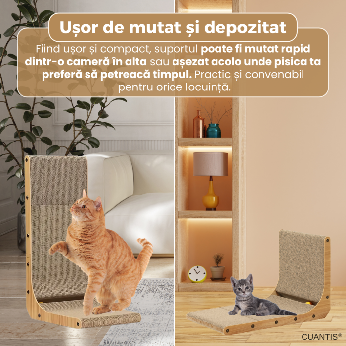 Placa de zgariat pentru pisici, CUANTIS, carton ondulat durabil, cu jucarie bila, design ergonomic in forma de L, eco-friendly, rezistenta si stabila, 60 × 40 × 25 cm, bej [6]