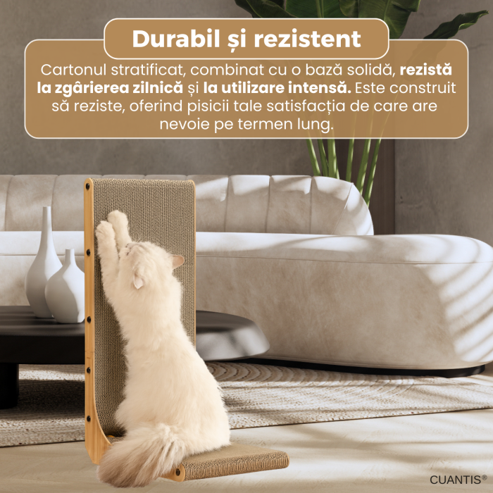 Placa de zgariat pentru pisici, CUANTIS, carton ondulat durabil, cu jucarie bila, design ergonomic in forma de L, eco-friendly, rezistenta si stabila, 60 × 40 × 25 cm, bej [4]