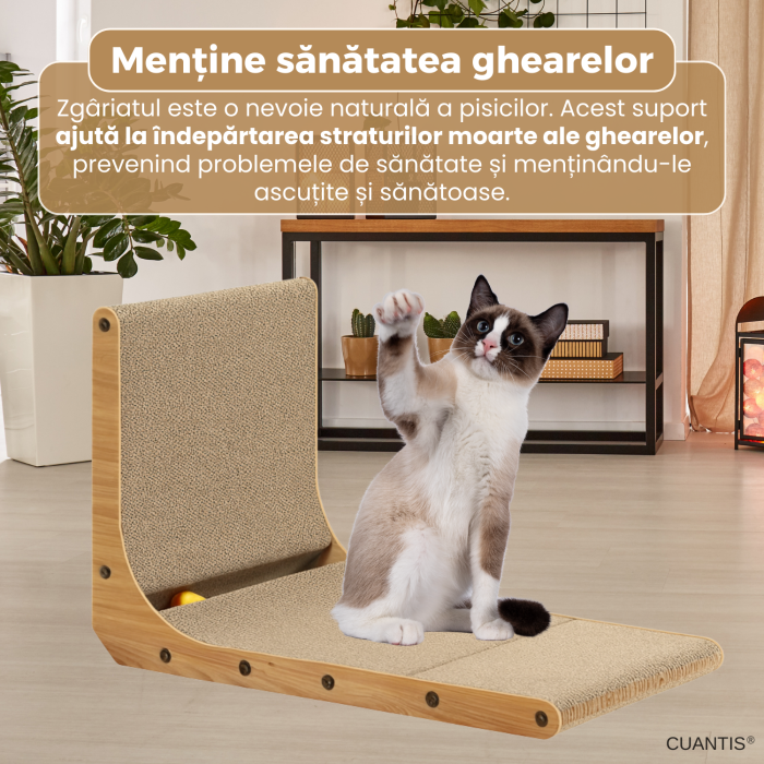 Placa de zgariat pentru pisici, CUANTIS, carton ondulat durabil, cu jucarie bila, design ergonomic in forma de L, eco-friendly, rezistenta si stabila, 60 × 40 × 25 cm, bej [5]