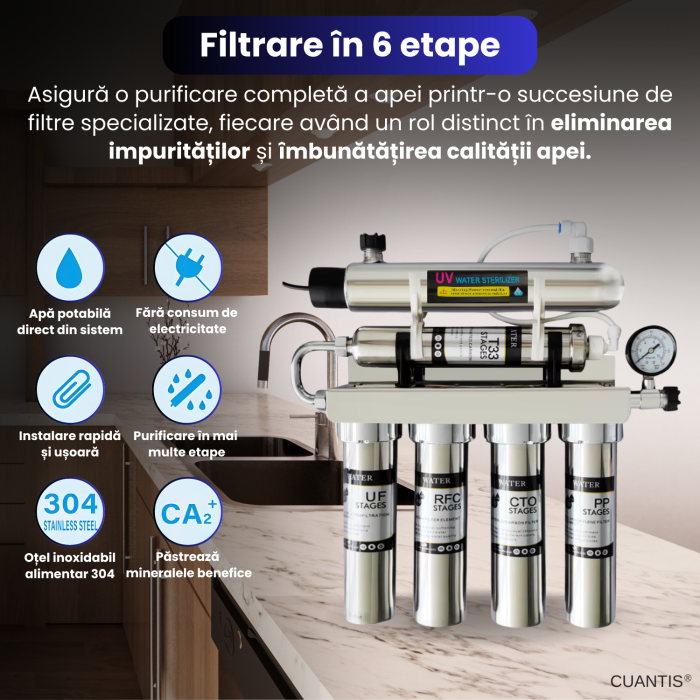 Sistem filtrare apa 6 etape, CUANTIS, debit 180L/h, otel inoxidabil 304, filtre PP, carbon activ, rasina, ultrafiltrare, carbon final, UV, pentru uz rezidential si comercial [3]