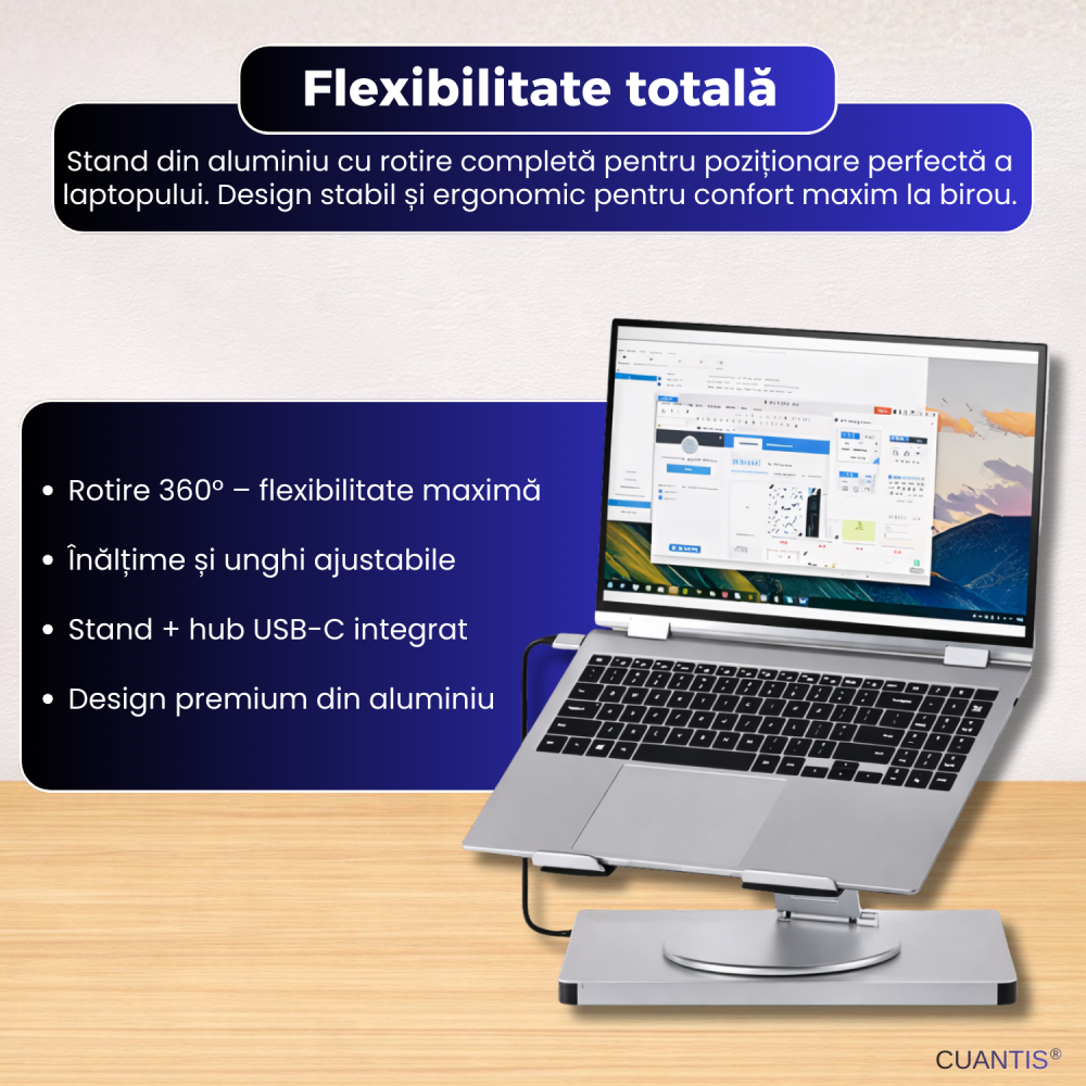 Suport premium din aluminiu cu stație de conectare integrată – reglabil, ergonomic, 4K [2]