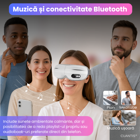 Aparat de masaj electric pentru ochi, Cuantis, 1000mah, autonomie extinsa, compresie caldura si vibratii, control prin telefon, muzica wireless, alb [4]