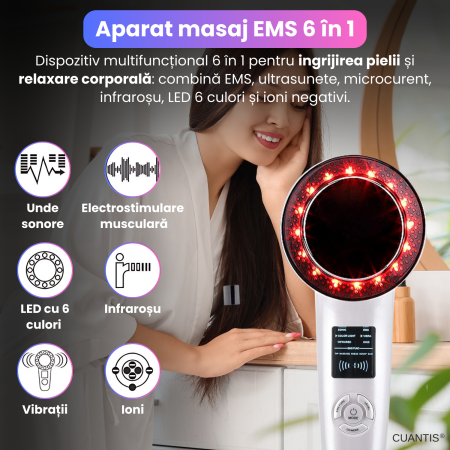 Aparat masaj EMS 6 in 1, CUANTIS, ultrasunete 1MHz, microcurent, infrarosu, LED 6 culori, ioni negativi, tonifiere, hidratare si sculptare corporala, alb [1]