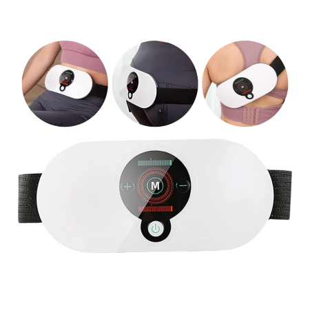 Aparate de masaj - Centura EMS cu masaj si incalzire infrarosu, CUANTIS, 5 moduri, 18 niveluri intensitate, baterie reincarcabila 1200 mAh, pentru abdomen, talie, coapse, relaxare si tonifiere, portabila, alb