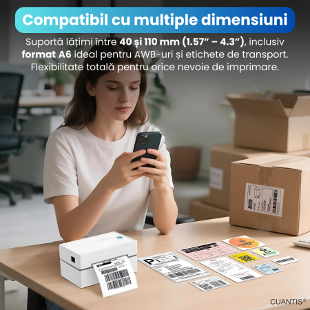 Imprimantă Termică CUANTIS 4x6, 203 DPI, Bluetooth & USB, Etichete A6 AWB [3]