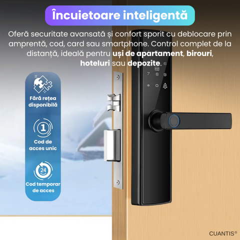 Incuietoare inteligenta smart cu amprenta, CUANTIS, bluetooth, Wi-Fi, cod PIN, card RFID, cheie, control prin aplicatie TTLock, Google Smart Home, alarme multiple, sonerie integrata, USB-C, negru [1]