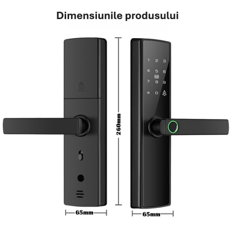 Incuietoare inteligenta smart cu amprenta, CUANTIS, bluetooth, Wi-Fi, cod PIN, card RFID, cheie, control prin aplicatie TTLock, Google Smart Home, alarme multiple, sonerie integrata, USB-C, negru [7]