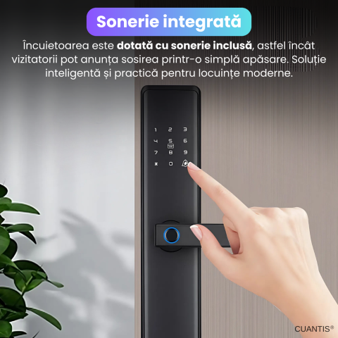 Incuietoare inteligenta smart cu amprenta, CUANTIS, bluetooth, Wi-Fi, cod PIN, card RFID, cheie, control prin aplicatie TTLock, Google Smart Home, alarme multiple, sonerie integrata, USB-C, negru [4]