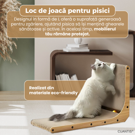 Placa de zgariat pentru pisici, CUANTIS, carton ondulat durabil, cu jucarie bila, design ergonomic in forma de L, eco-friendly, rezistenta si stabila, 60 × 40 × 25 cm, bej [1]