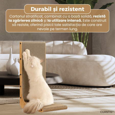Placa de zgariat pentru pisici, CUANTIS, carton ondulat durabil, cu jucarie bila, design ergonomic in forma de L, eco-friendly, rezistenta si stabila, 60 × 40 × 25 cm, bej [3]