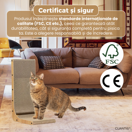 Placa de zgariat pentru pisici, CUANTIS, carton ondulat durabil, cu jucarie bila, design ergonomic in forma de L, eco-friendly, rezistenta si stabila, 60 × 40 × 25 cm, bej [6]