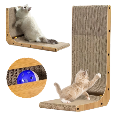 Jucarii si accesorii pentru animale de companie - Placa de zgariat pentru pisici, CUANTIS, carton ondulat durabil, cu jucarie bila, design ergonomic in forma de L, eco-friendly, rezistenta si stabila, 60 × 40 × 25 cm, bej