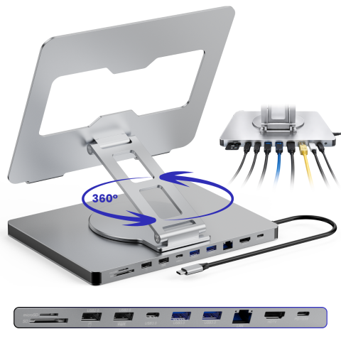 Suport laptop - Suport premium din aluminiu cu stație de conectare integrată – reglabil, ergonomic, 4K