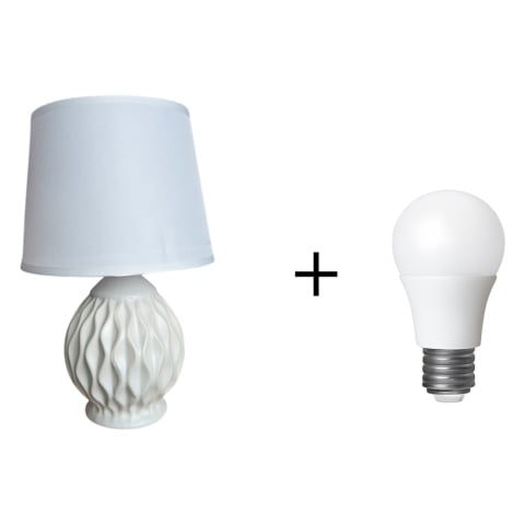 Veioze si lampi - Veioza decorativa din ceramica cu design texturat, culoare alba, abajur conic din material textil pentru lumina difuza, compatibila cu bec E14, cablu de alimentare 1.2 m, ideala pentru dormitor, livin