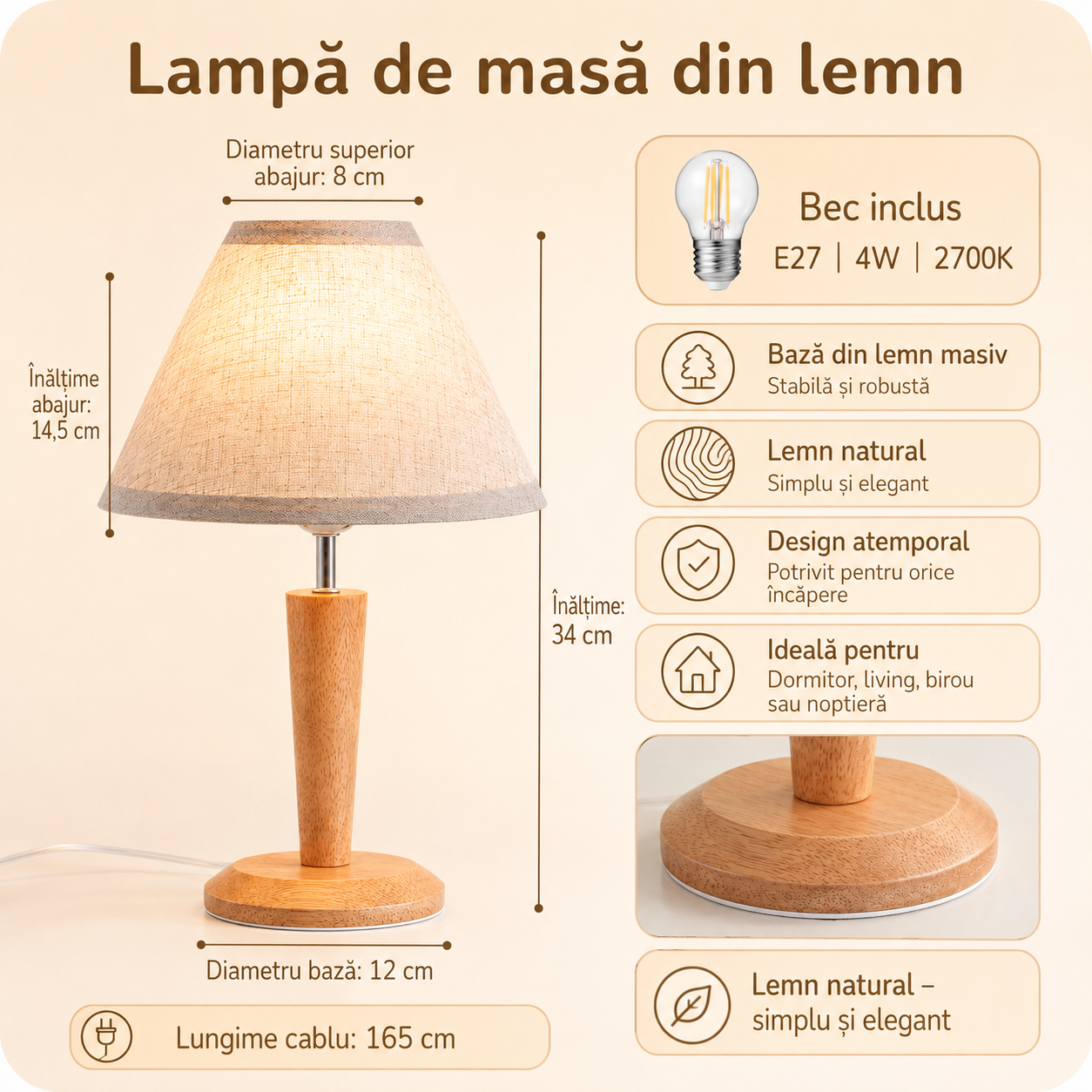 Veioza din lemn natural cu abajur textil si bec LED [3]