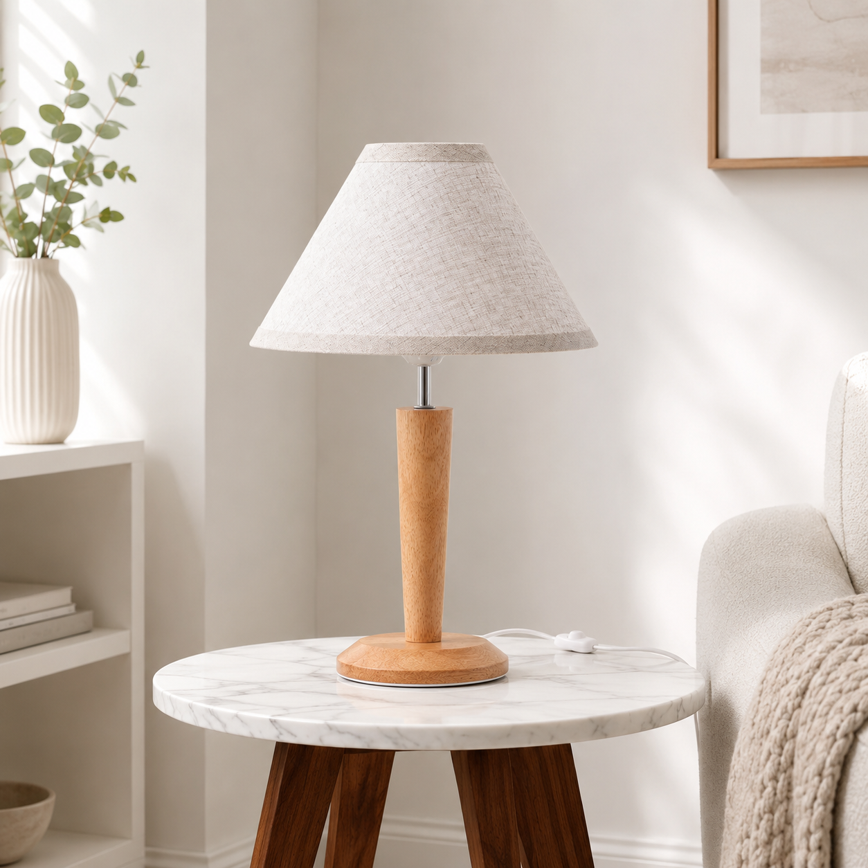 Veioza din lemn natural cu abajur textil si bec LED [2]