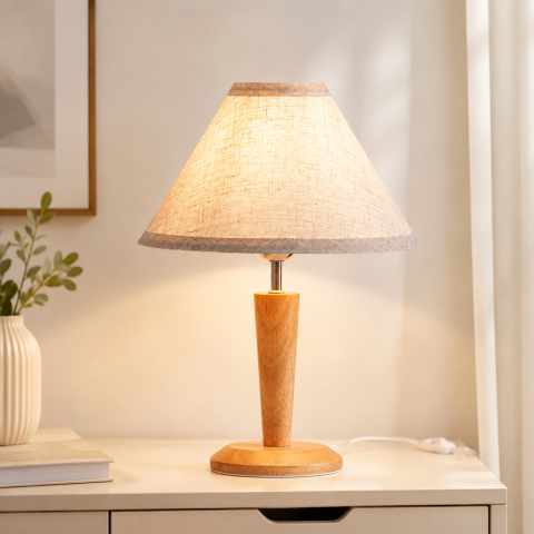 Accesorii și Obiecte Decorative - Veioza din lemn natural cu abajur textil si bec LED