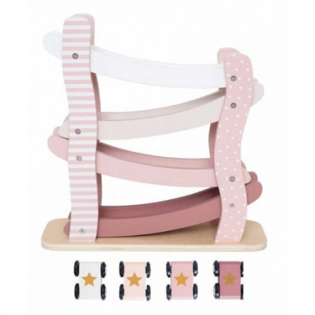 Bucurii pentru copii - Masini de curse si pista zig-zag din lemn roz 4 bucati