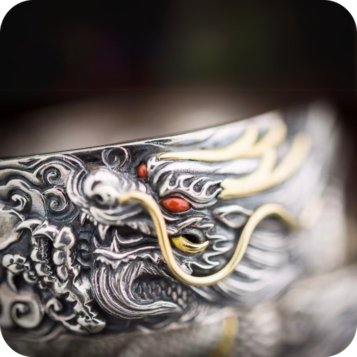 Brățară bărbătească Dragonul în Acțiune din argint 925 cu pietre de Turcoaz, Coral și accente din Bronz – Putere, Protecție și Măiestrie Artizanală [2]