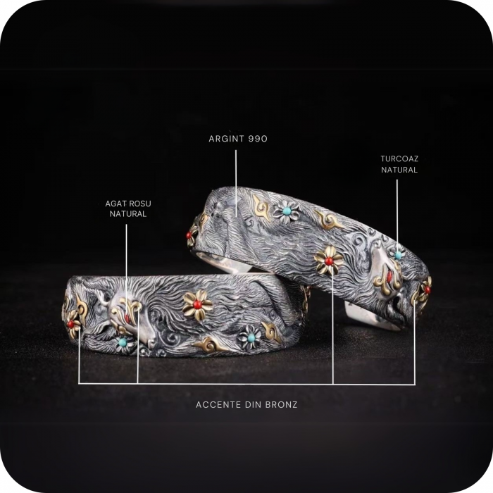 Brățară fixă din argint 990 cu Vulpea cu Nouă Cozi, detalii din bronz și pietre de Turcoaz și Coral – Eleganță, mister și protecție [4]