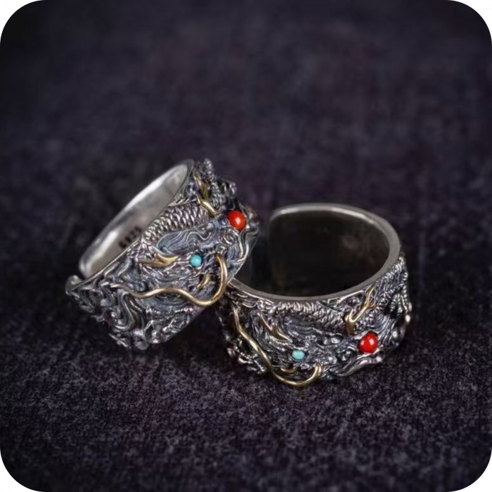 Inel Dragonul Pi Xiu Argint 925 cu Turcuaz, Coral si accente din Bronz [1]