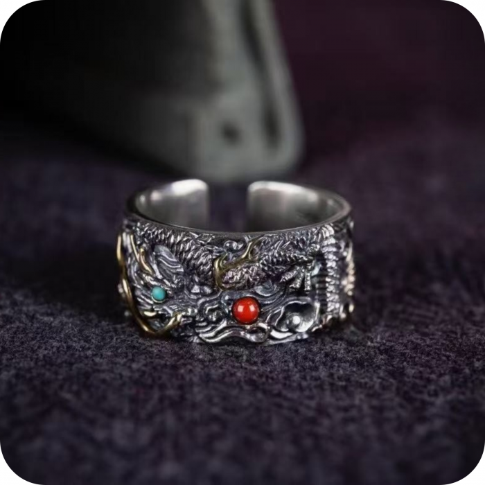 Inel Dragonul Pi Xiu Argint 925 cu Turcuaz, Coral si accente din Bronz [4]
