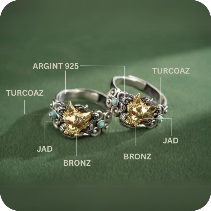 Inel reglabil din argint 925 cu Vulpea cu Nouă Cozi, detalii din bronz și pietre de Turcoaz și Coral – Eleganță, mister și protecție [4]