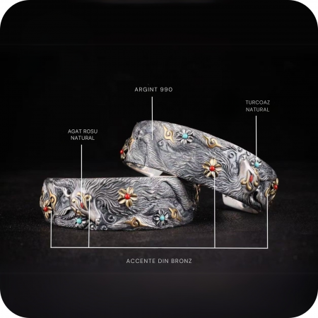 Brățară fixă din argint 990 cu Vulpea cu Nouă Cozi, detalii din bronz și pietre de Turcoaz și Coral – Eleganță, mister și protecție [3]