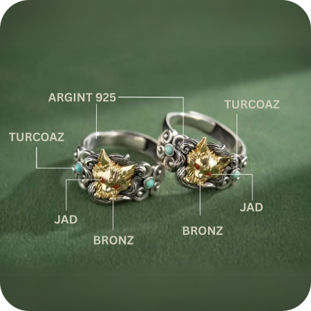 Inel reglabil din argint 925 cu Vulpea cu Nouă Cozi, detalii din bronz și pietre de Turcoaz și Coral – Eleganță, mister și protecție [3]
