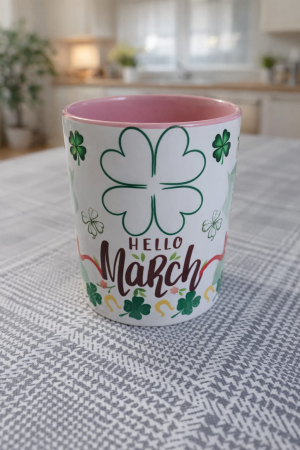 Căni personalizate - Cană ceramică „Hello March” – model cu lalele și mâner inimă