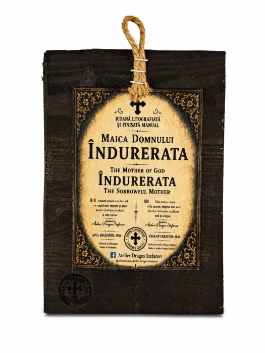 Icoană Maica Domnului Îndurerată – Litografiată și Finisată Manual pe Lemn, 15 x 20 cm  Descriere anunț [5]