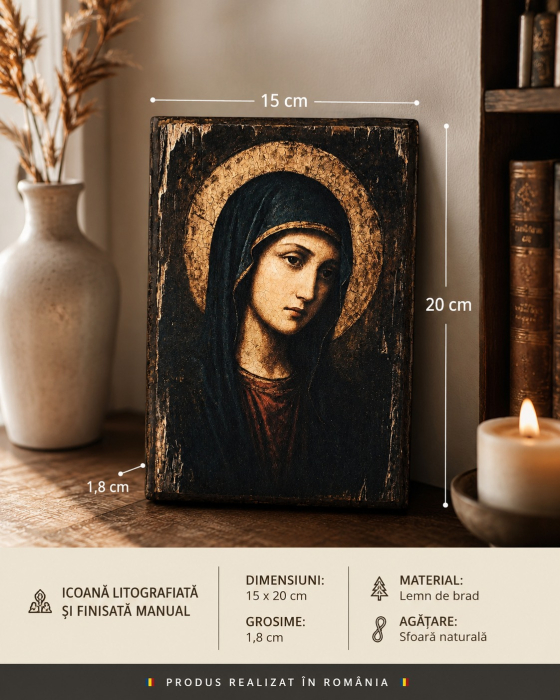 Icoană Maica Domnului Îndurerată – Litografiată și Finisată Manual pe Lemn, 15 x 20 cm  Descriere anunț [4]