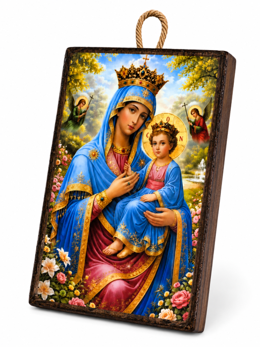 Icoană Maica Domnului – Împărăteasa Cerurilor, cu Pruncul Iisus, 15 x 20 cm, Litografiată și Finisată Manual pe Lemn, Hand Made [3]