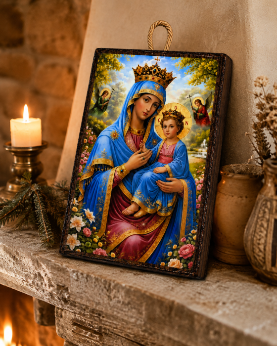 Icoană Maica Domnului – Împărăteasa Cerurilor, cu Pruncul Iisus, 15 x 20 cm, Litografiată și Finisată Manual pe Lemn, Hand Made [7]