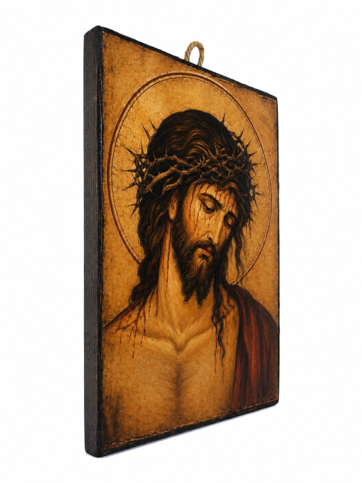Icoană Chipul Sfânt al lui Iisus – Litografiată și Finisată Manual pe Lemn, 20 x 30 cm [2]