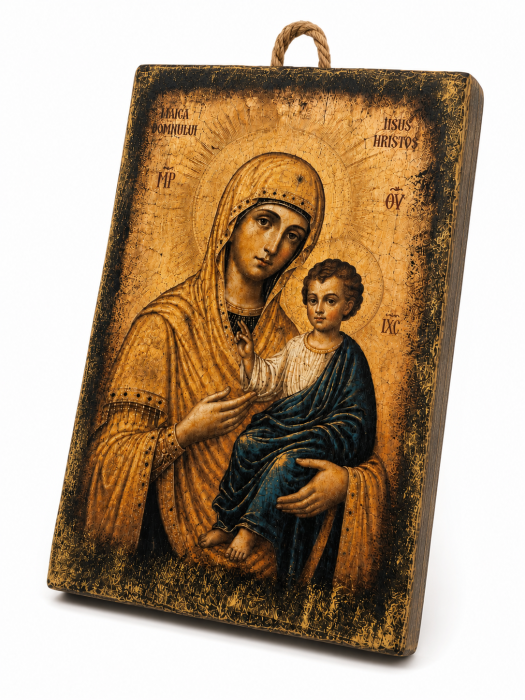 coană Maica Domnului  ,, INDRUMATOAREA ,,– 15 x 20 cm, Litografiată și Finisată Manual pe Lemn, Hand Made [2]