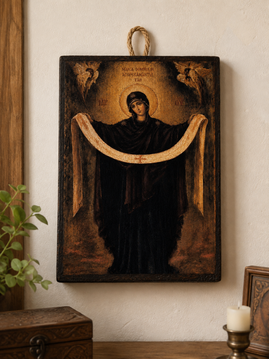 Icoană Maica Domnului Acoperământul – 15 x 20 cm, Litografiată și Finisată Manual pe Lemn, Hand Made [5]
