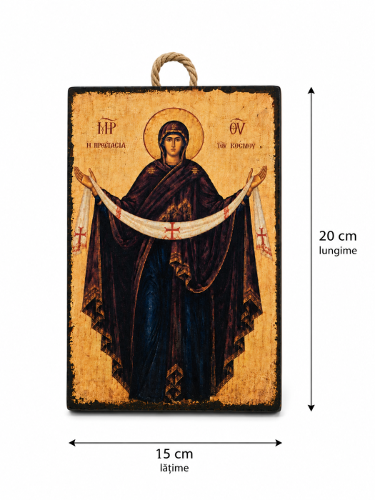 Icoană Maica Domnului „Acoperământul Maicii Domnului” – litografiată și finisată manual, HANDMADE, lemn 15 x 20 cm [4]