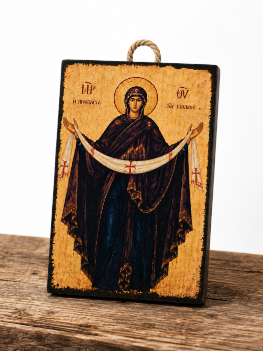 Icoană Maica Domnului „Acoperământul Maicii Domnului” – litografiată și finisată manual, HANDMADE, lemn 15 x 20 cm [5]