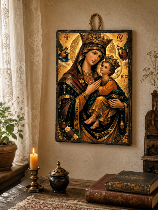Icoană Maica Domnului – Împărăteasa Cerurilor, cu Pruncul Iisus, 15 x 20 cm, Litografiată și Finisată Manual pe Lemn, Hand Made [4]