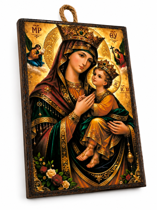 Icoană Maica Domnului – Împărăteasa Cerurilor, cu Pruncul Iisus, 15 x 20 cm, Litografiată și Finisată Manual pe Lemn, Hand Made [2]