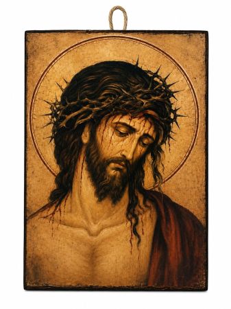 Icoane Iisus Hristos - Icoană Chipul Sfânt al lui Iisus – Litografiată și Finisată Manual pe Lemn, 20 x 30 cm