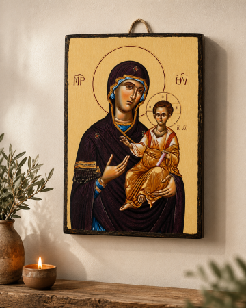 Icoană Maica Domnului cu Pruncul Iisus – Maica Domnului Hodighitria, litografiată și finisată manual pe lemn, Hand Made [4]