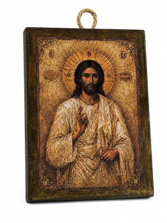 Icoane Iisus Hristos - Icoană Iisus Hristos Pantocrator – 15 x 20 cm, Litografiată și Finisată Manual