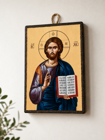 Icoană Iisus Hristos Pantocrator – 15 x 20 cm, Litografiată și Finisată Manual pe Lemn, Hand Made [3]